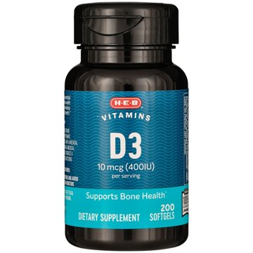 H-E-B Vitamins D3 10 mcg (400 IU) Softgels, 200 ct