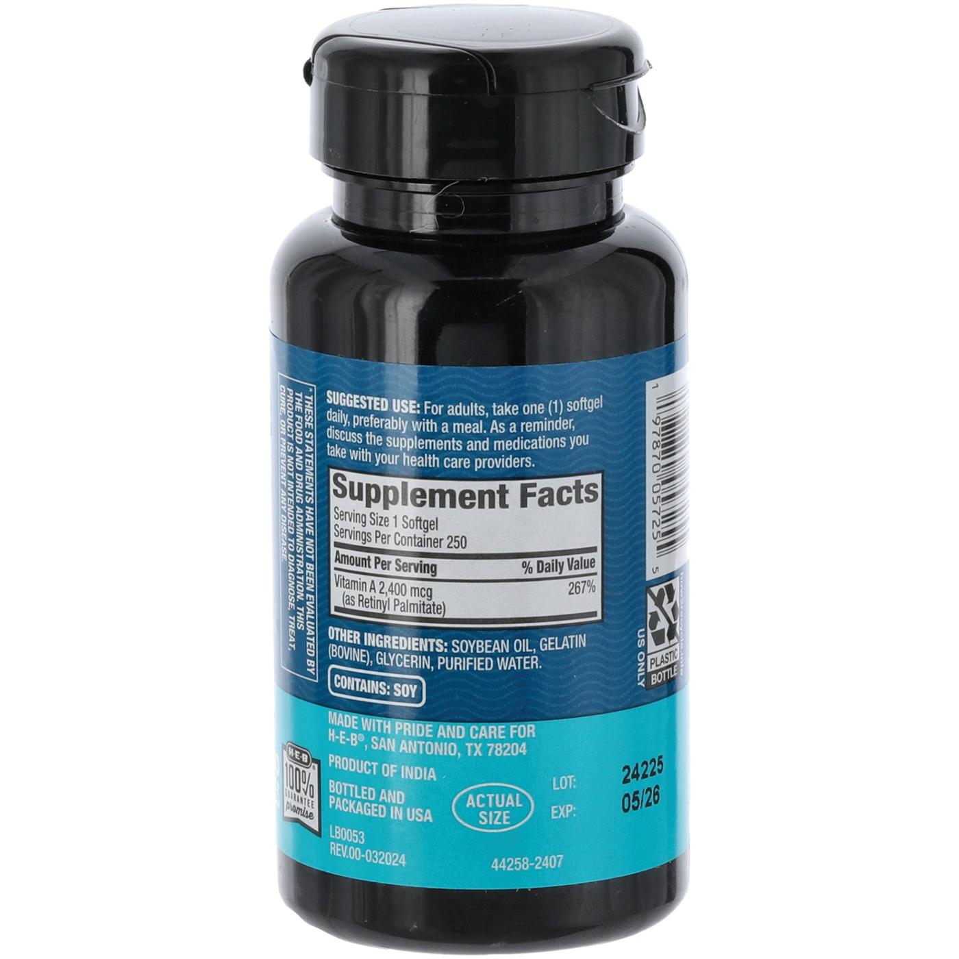 H-E-B Vitamins A 2,400 mcg Softgels; image 2 of 2