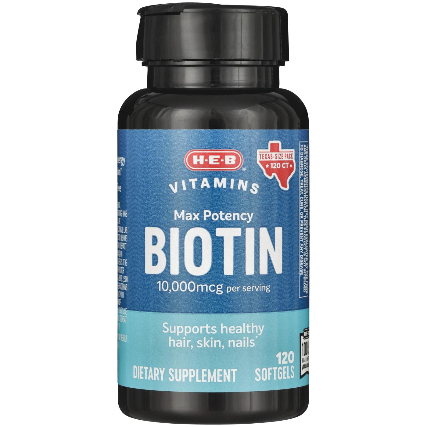 H-E-B Vitamins Max Potency 10,000 mcg Biotin Softgels - Texas-Size Pack; image 1 of 2