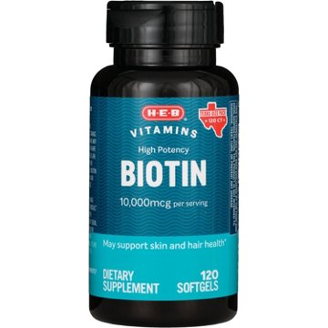 H-E-B Vitamins Max Potency Biotin 10,000 mcg Softgels - Texas-Size Pack, 120 ct