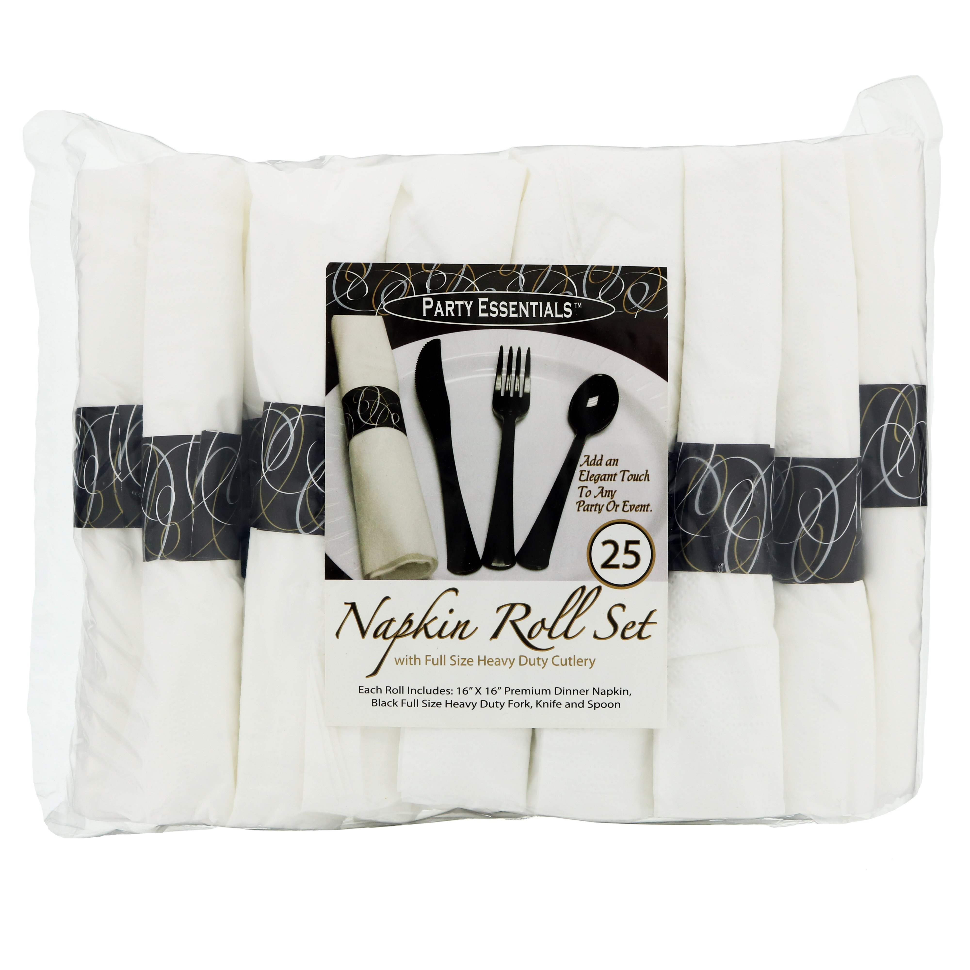 Party Essentials Dinner Napkin Rolls with Plastic Knives, Forks