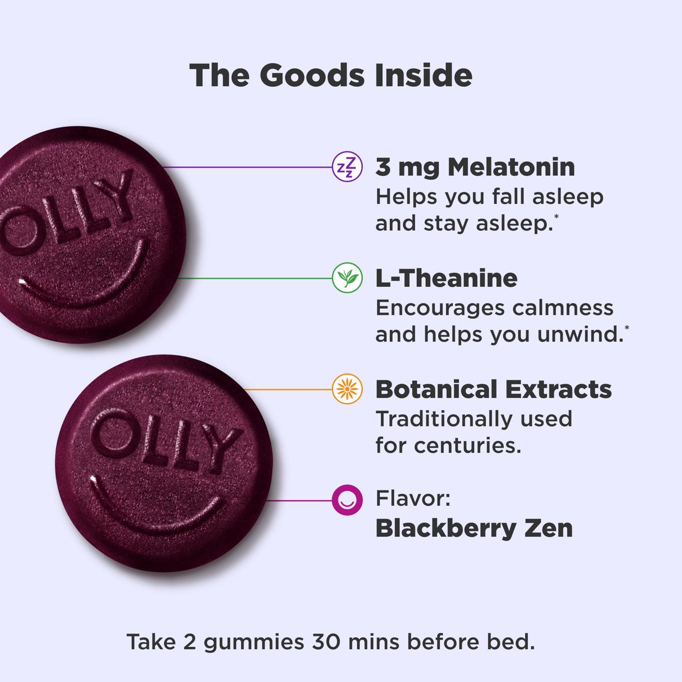 OLLY Sleep Gummy Supplement, 3mg Melatonin, L-Theanine, Chamomile, Blackberry Zen Flavor, 50 Ct; image 2 of 11