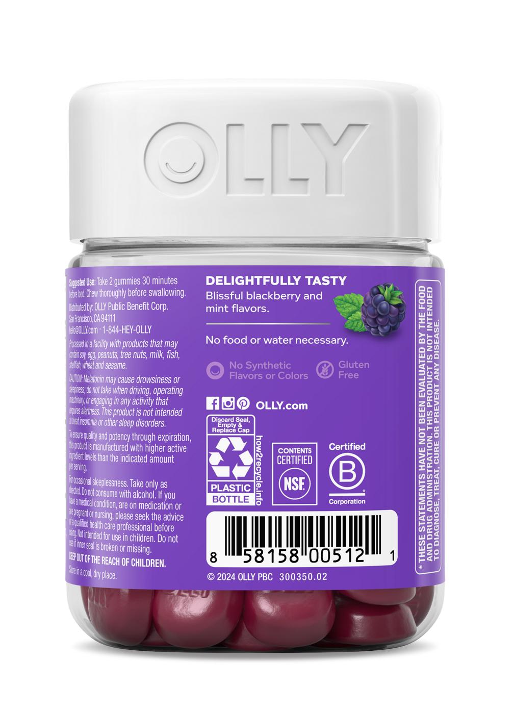 OLLY Sleep Gummy Supplement, 3mg Melatonin, L-Theanine, Chamomile, Blackberry Zen Flavor, 50 Ct; image 4 of 11