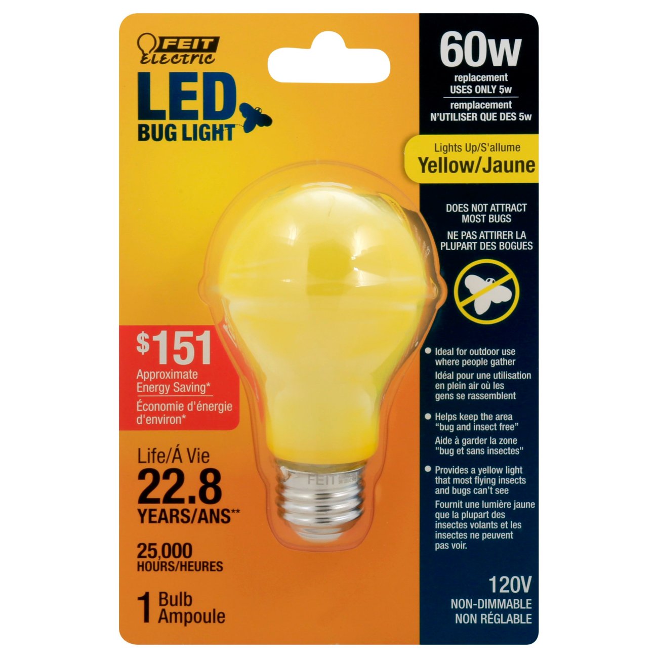 Feit Electric A19 60 Watt LED Bug Light Bulb Yellow Shop Light