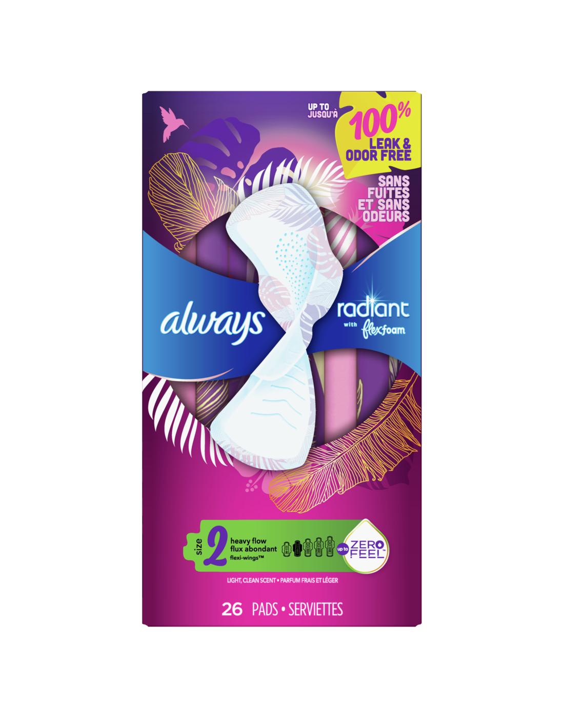 Always Always Radiant Feminine Pads, Size 2 Heavy with Wings, Light Clean Scent; image 1 of 10
