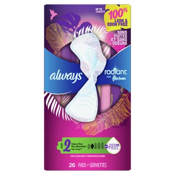 Always Always Radiant Feminine Pads, Size 2 Heavy with Wings, Light Clean Scent, 26 ct