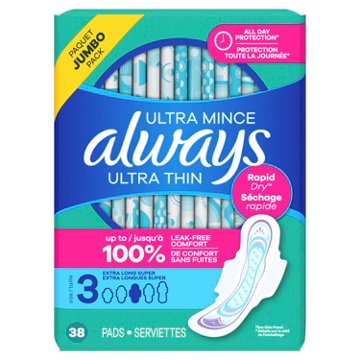 Always Ultra Thin Pads with Wings for Women, Size 3, Extra Long Super Absorbency, Unscented