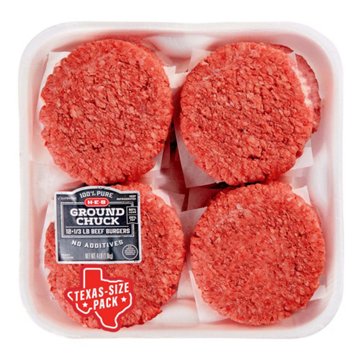 H-E-B Ground Beef Chuck 1/3 lb Burgers Patties, 80% Lean - Texas-Size Pack, 12 ct