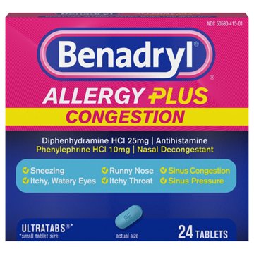 Benadryl Antihistamine Allergy & Sinus Congestion Relief Tablets