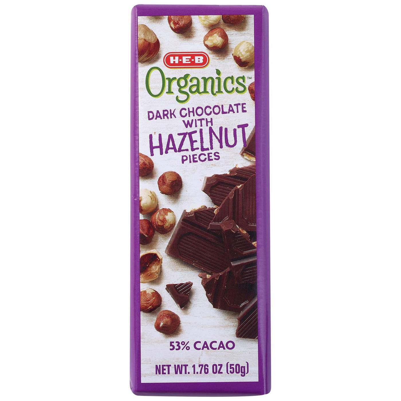 H-E-B Organics 53% Cacao Dark Chocolate Bar - Hazelnuts; image 1 of 2