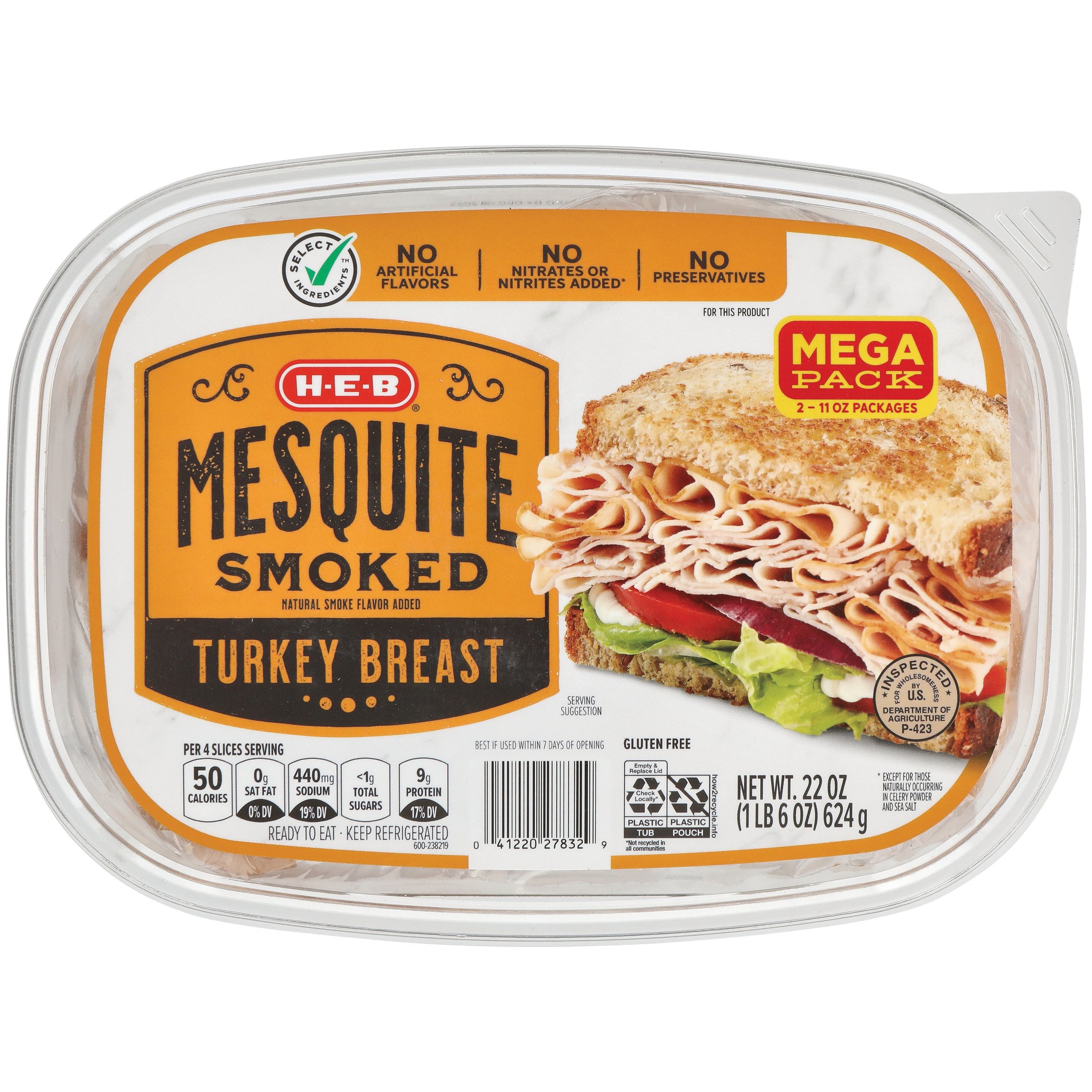 H-E-B Mesquite-Smoked Turkey Breast Lunch Meat - Mega Pack, 22 oz