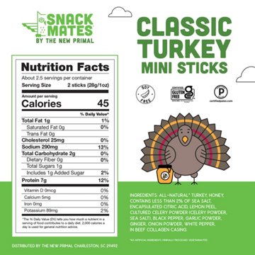 New Primal Snack Mates 7g Protein Mini Turkey Meat Sticks, 5 ct