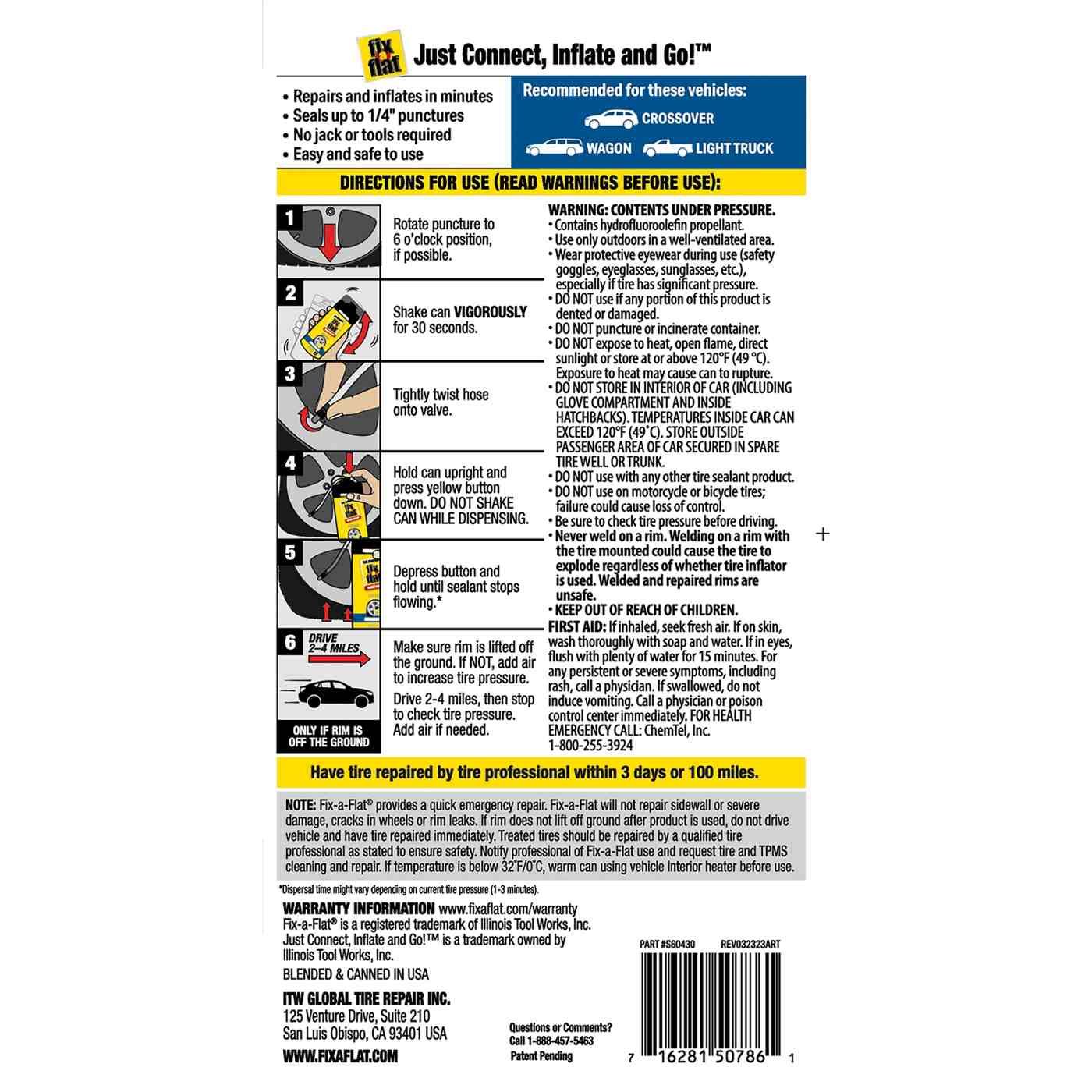 Fix-a-Flat Tire Repair Aerosol - Crossover/Wagon; image 2 of 2