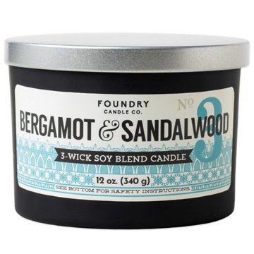 Foundry Candle Co. Bergamot & Sandalwood Scented 3 Wick Soy Blend Candle, 12 oz