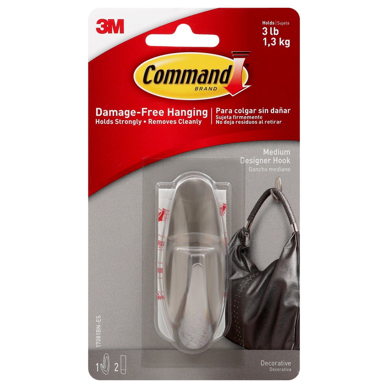 3M Command Adhesive Timeless Hook, Large, Brushed Nickel