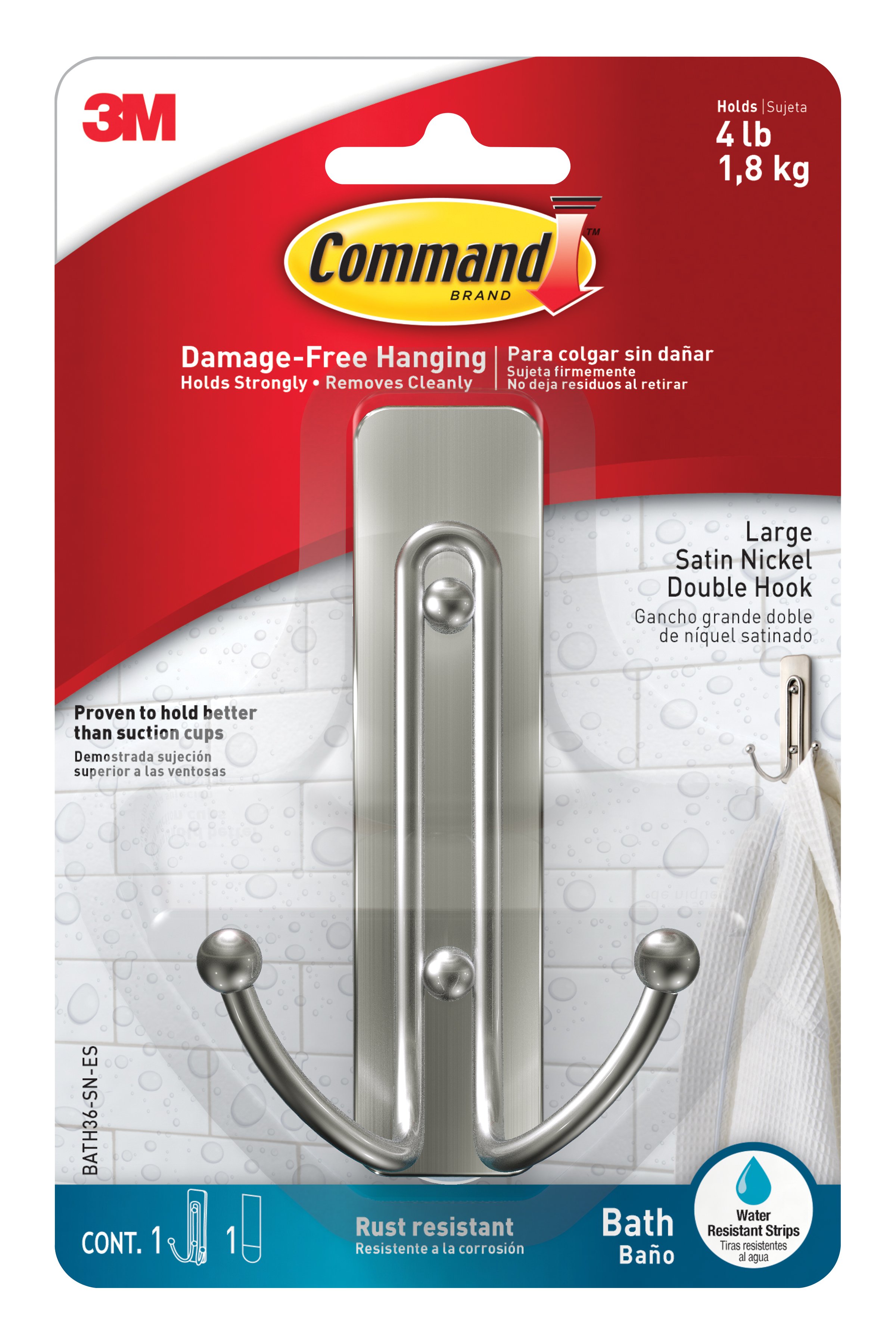 Command Satin Nickel Bath Hook, Command Bathroom Hooks