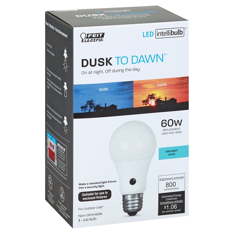 Feit Electric 60 Watt Led A19 Daylight, Outdoor Dawn To Dusk Light Bulbs