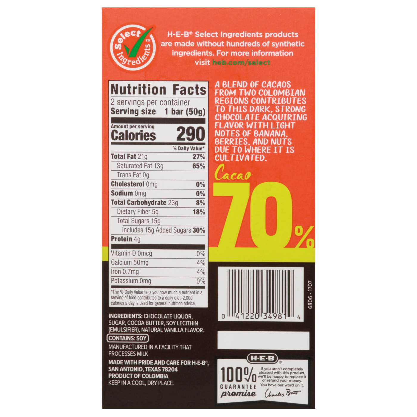 H-E-B 70% Cacao Dark Chocolate Bars; image 2 of 5