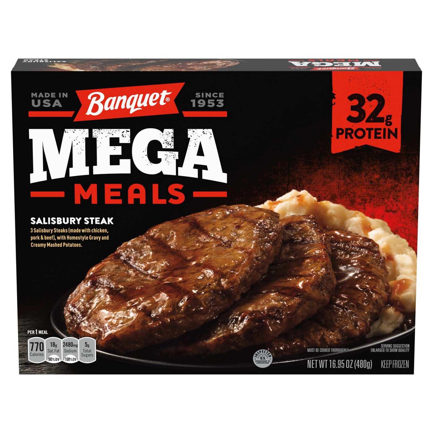Banquet Mega Meals 32g Protein Salisbury Steak Frozen Meal; image 1 of 7
