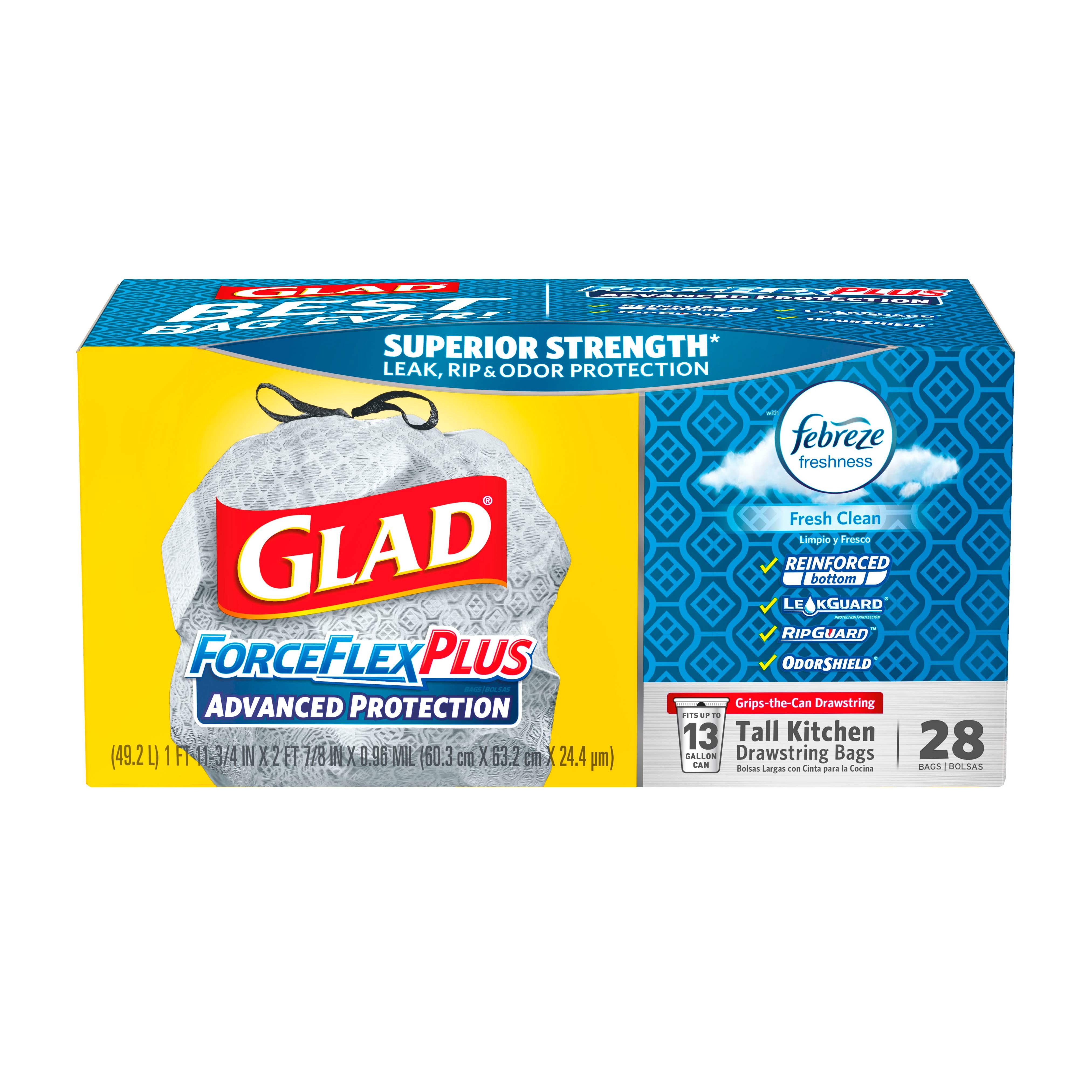 Glad ForceFlex Fresh Clean Scent Drawstring Tall Kitchen 13 Gallon