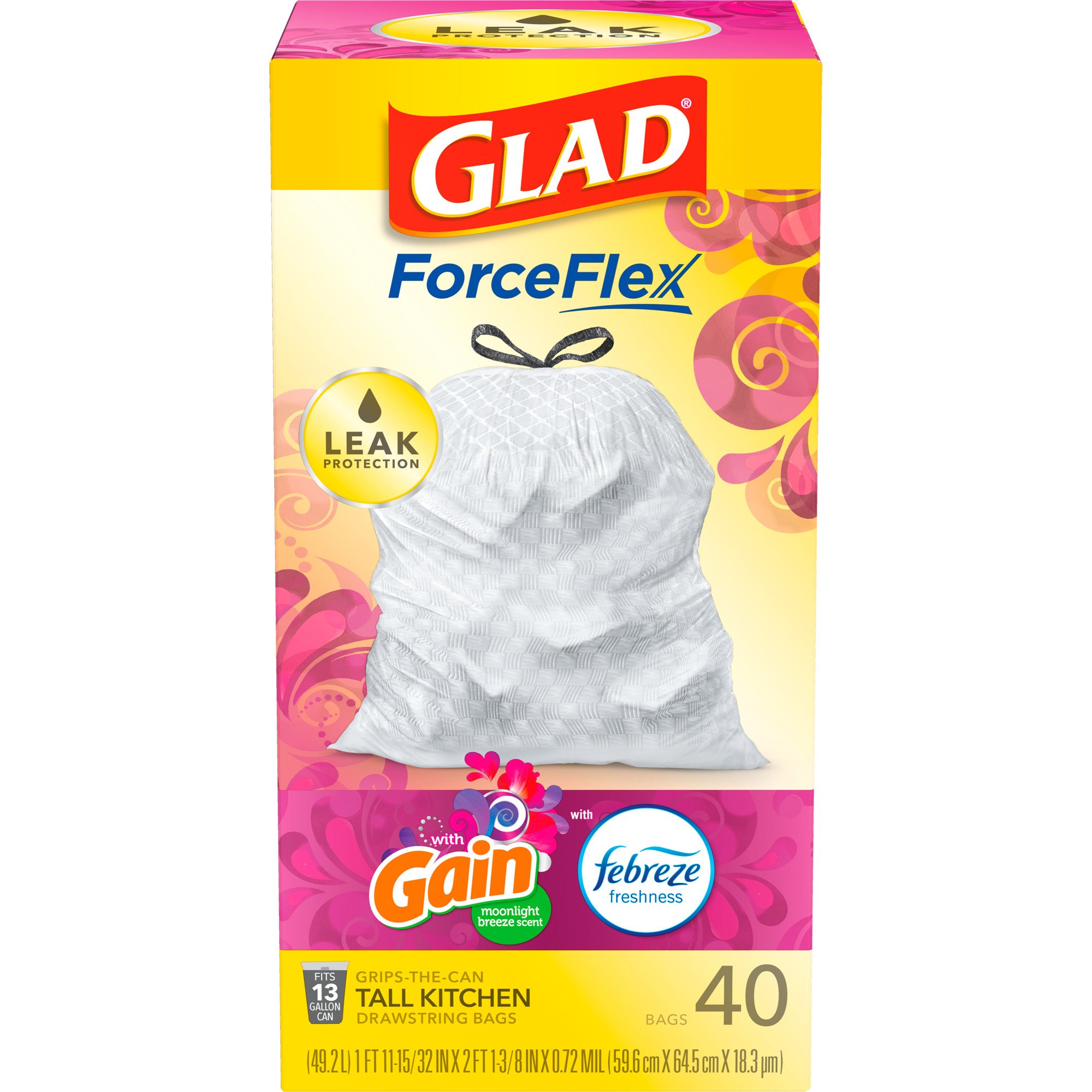 Glad ForceFlex Kitchen Bags, Tall, Drawstring, Gain Original Scent, 13 Gallon - 40 bags