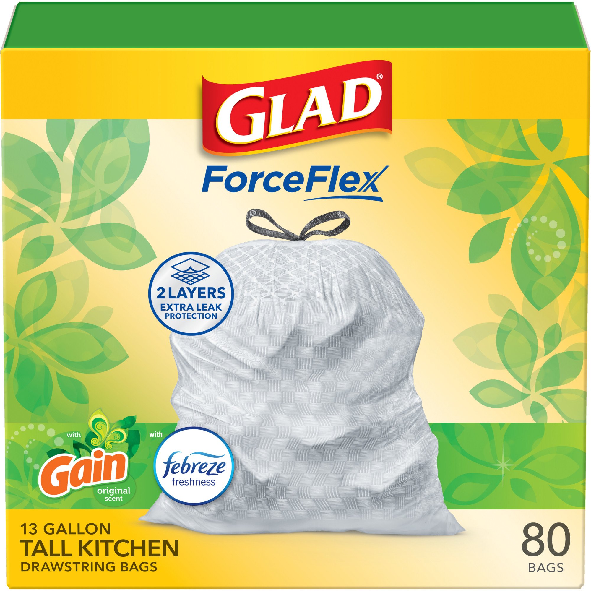 Glad ForceFlex Tall Kitchen Drawstring Trash Bags 13 Gallon White Trash Bag,  Gain Original scent with Febreze Freshness - Shop Trash Bags at H-E-B