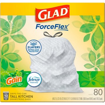Glad ForceFlex Tall Kitchen Drawstring Trash Bags, 13 Gallon - Gain Original Scent with Febreze Freshness, 80 ct