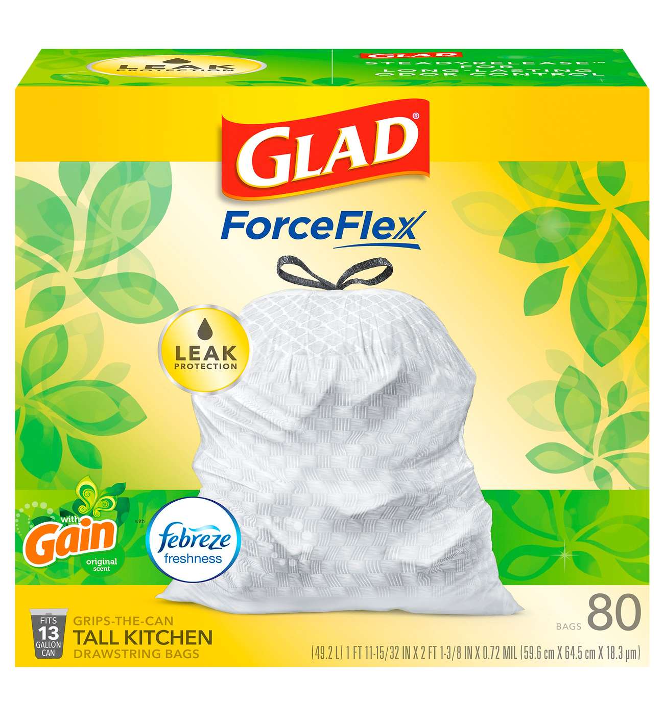 Glad ForceFlex Tall Kitchen Drawstring Trash Bags, 13 Gallon - Gain Original Scent with Febreze Freshness; image 1 of 2