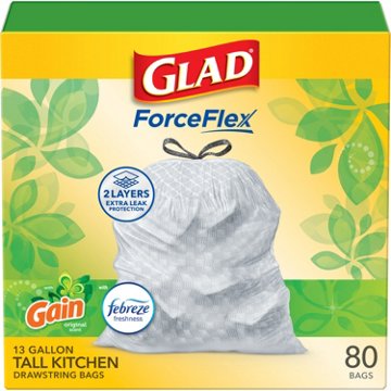Glad ForceFlex Tall Kitchen Drawstring Trash Bags, 13 Gallon - Gain Original Scent with Febreze Freshness, 80 ct