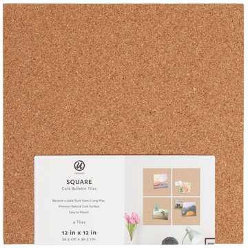 U Brands Square Cork Bulletin Tiles, 4 pk, 12" x 12"