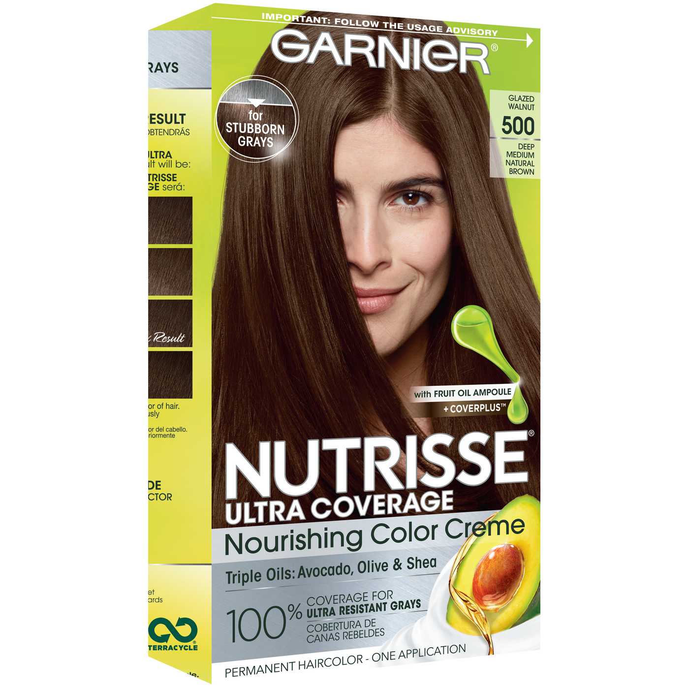 Garnier Nutrisse Ultra Coverage Nourishing Permanent Hair Color Creme for Stubborn Gray Coverage Deep Medium Natural Brown (Glazed Walnut) 500; image 1 of 3