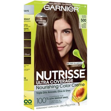 Garnier Nutrisse Ultra Coverage Nourishing Permanent Hair Color Creme for Stubborn Gray Coverage Deep Medium Natural Brown (Glazed Walnut) 500, 1 kit