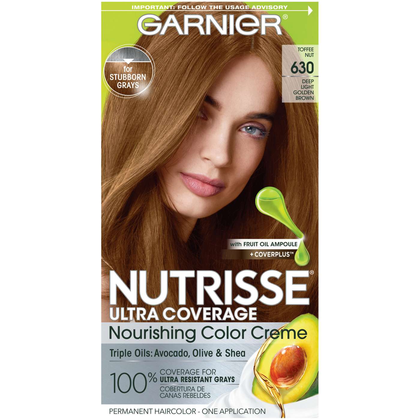 Garnier Nutrisse Ultra Coverage Nourishing Permanent Hair Color Creme for Stubborn Gray Coverage Deep Light Golden Brown (Toffee Nut) 630; image 1 of 10