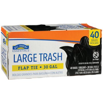 Hill Country Essentials Large Flap Tie Trash Bags, 30 Gallon, 40 ct