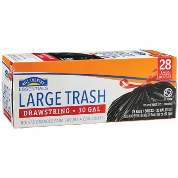 Hill Country Essentials Large Drawstring Trash Bags, 30 Gallon, 28 ct