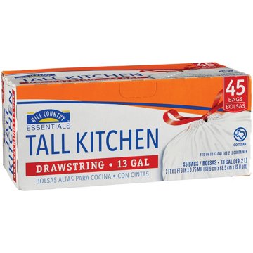 Hill Country Essentials Tall Kitchen Drawstring Trash Bags, 13 Gallon, 45 ct