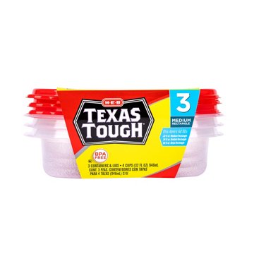 H-E-B Texas Tough Medium Rectangle Food Storage Containers & Lids, 3 pk, 32 oz
