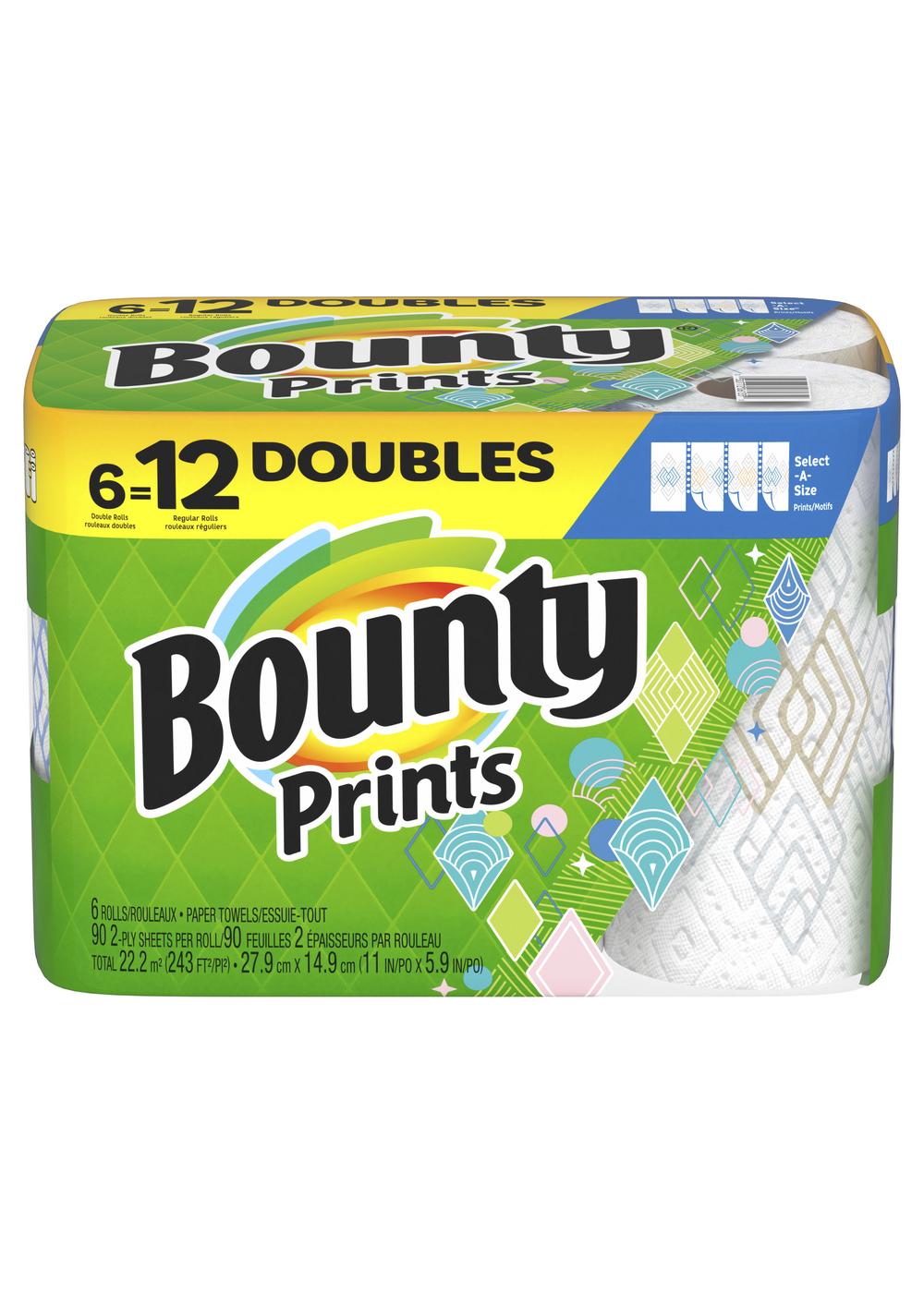 Bounty Paper Towels, Select-A-Size, Double Rolls, Prints, 2-Ply - 6 rolls