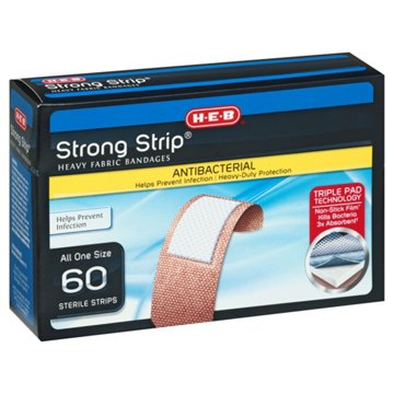 H-E-B Strong Strip Heavy Fabric Antibacterial Bandages, 60 ct