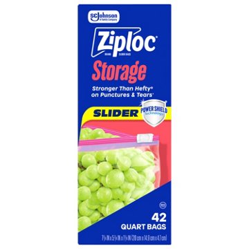 Ziploc Storage Slider Quart Bags, Power Shield Technology, Expandable Bottom, 42 ct