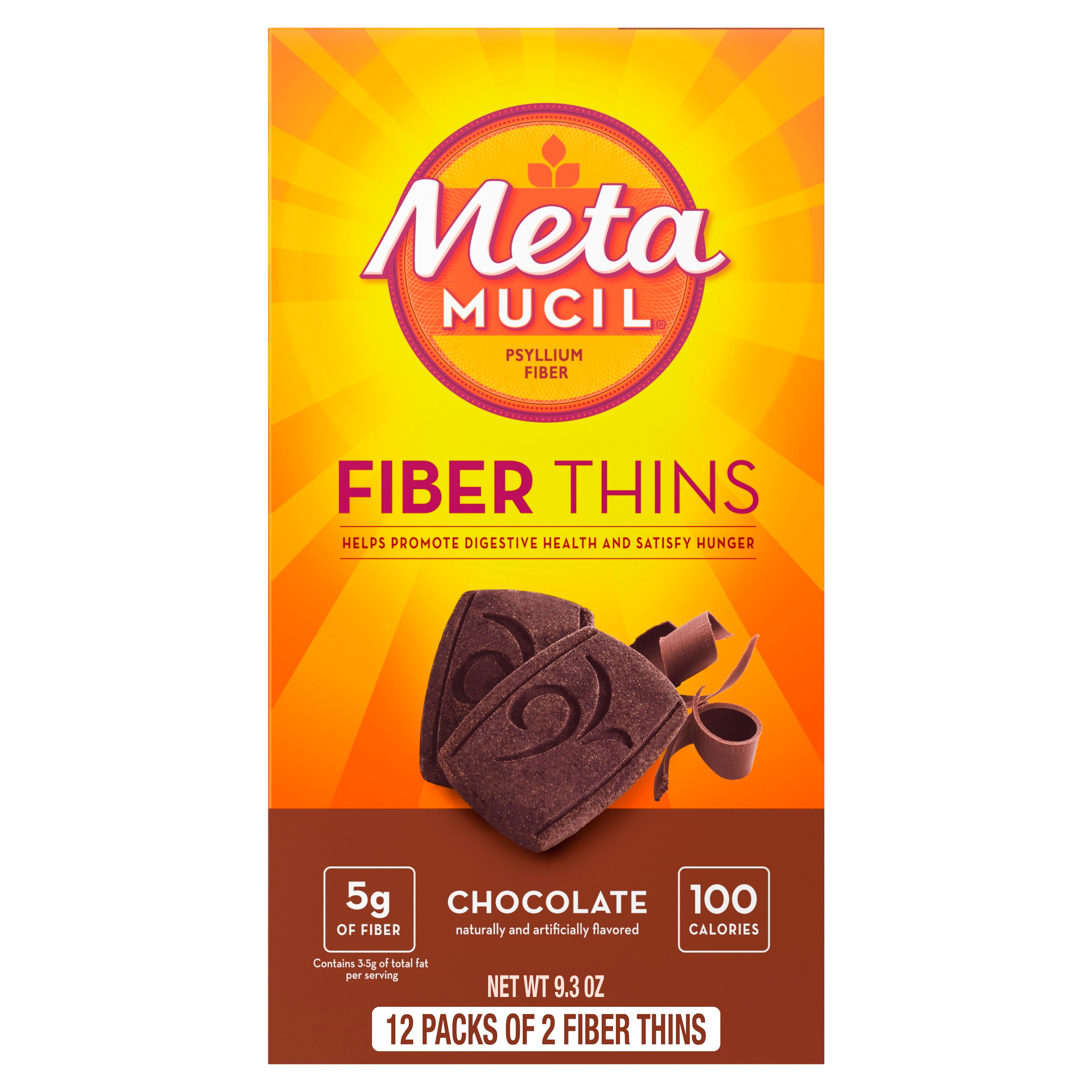 Metamucil Fiber Thins, Plant-Based Psyllium Husk Fiber Snack for Digestive Health, Chocolate, 12 ct