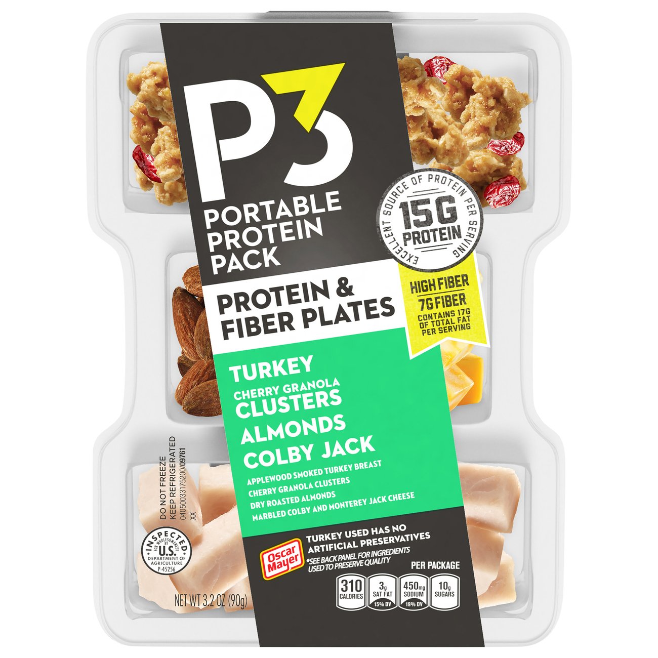 P3 Portable Protein Snack Tray - Turkey, Colby Jack, & Cherry Granola ...