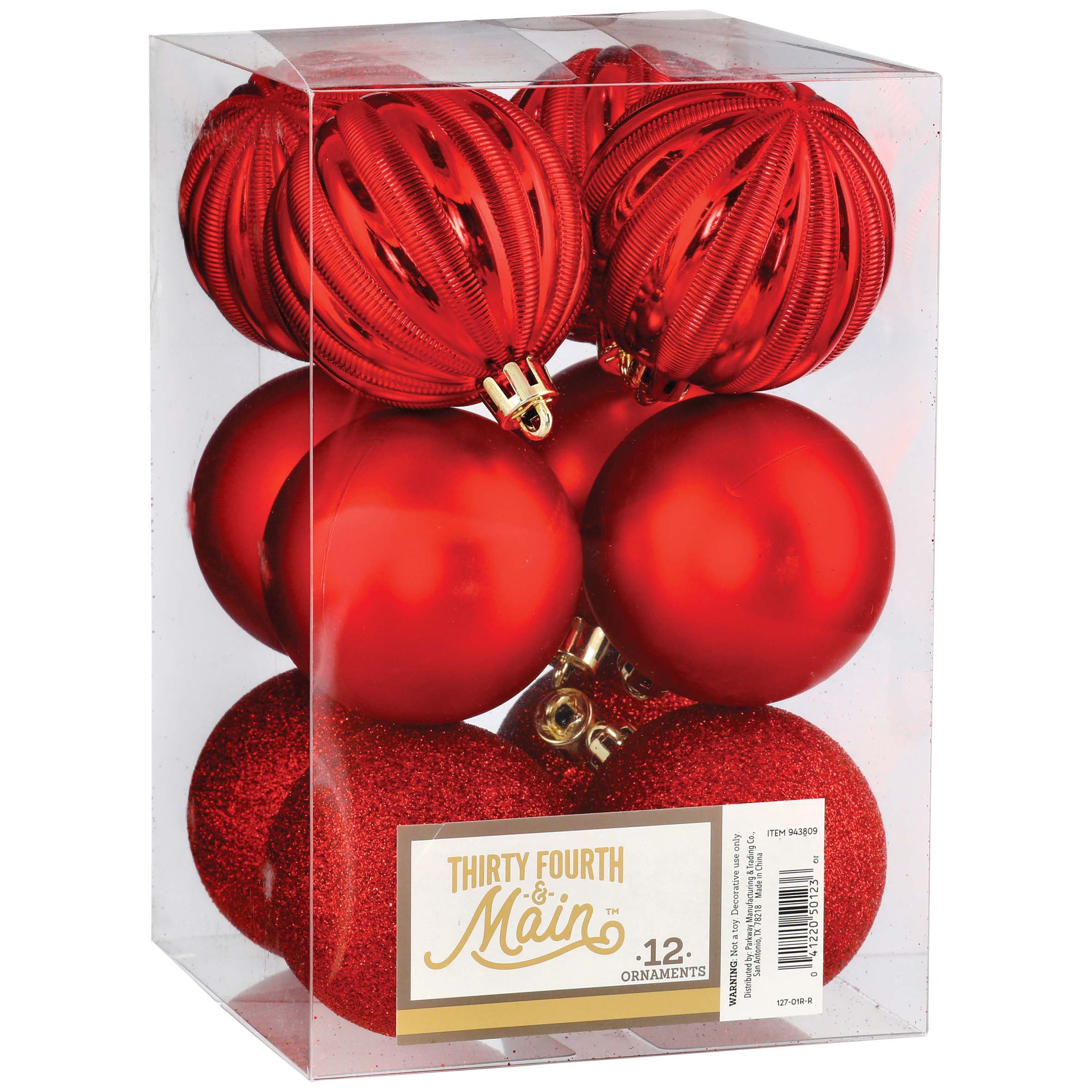 Thirty Fourth & Main Red Shatterproof Christmas Tree Ornaments, 60mm