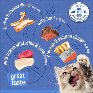 Friskies Purina Wet Cat Food Variety Pack Shreds - Beef, Turkey and Cheese Dinner, Chicken and Salmon Dinner, and Ocean Whitefish and Tuna, 5.5 oz