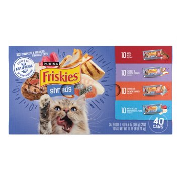 Friskies Purina Wet Cat Food Variety Pack Shreds - Beef, Turkey and Cheese Dinner, Chicken and Salmon Dinner, and Ocean Whitefish and Tuna, 5.5 oz