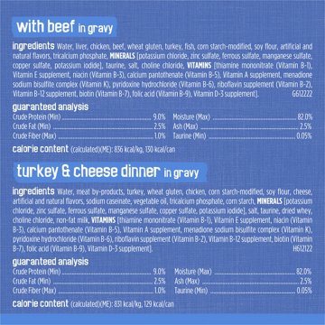 Friskies Purina Wet Cat Food Variety Pack Shreds - Beef, Turkey and Cheese Dinner, Chicken and Salmon Dinner, and Ocean Whitefish and Tuna