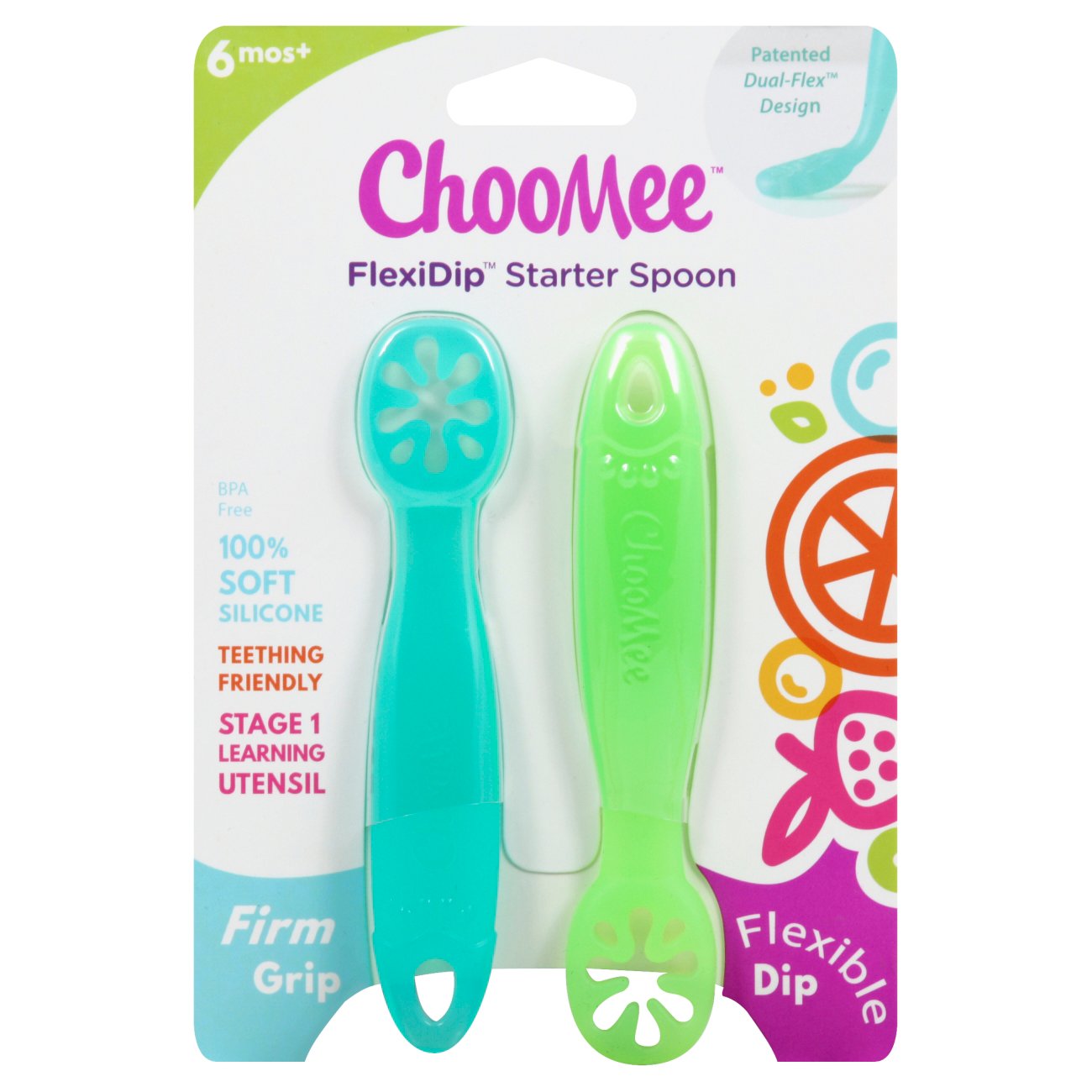 Teething Friendly Pink Purple ChooMee FlexiDip Starter Spoon 100% Soft Silicone 2 CT Learning Utensil 