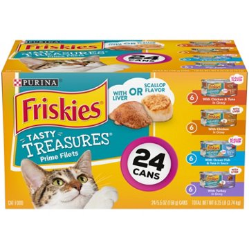 Friskies Purina Wet Cat Food Variety Pack Tasty Treasures Prime Filets - Chicken and Tuna, Chicken, and Ocean Fish and Tuna, and Turkey, 5.5 oz