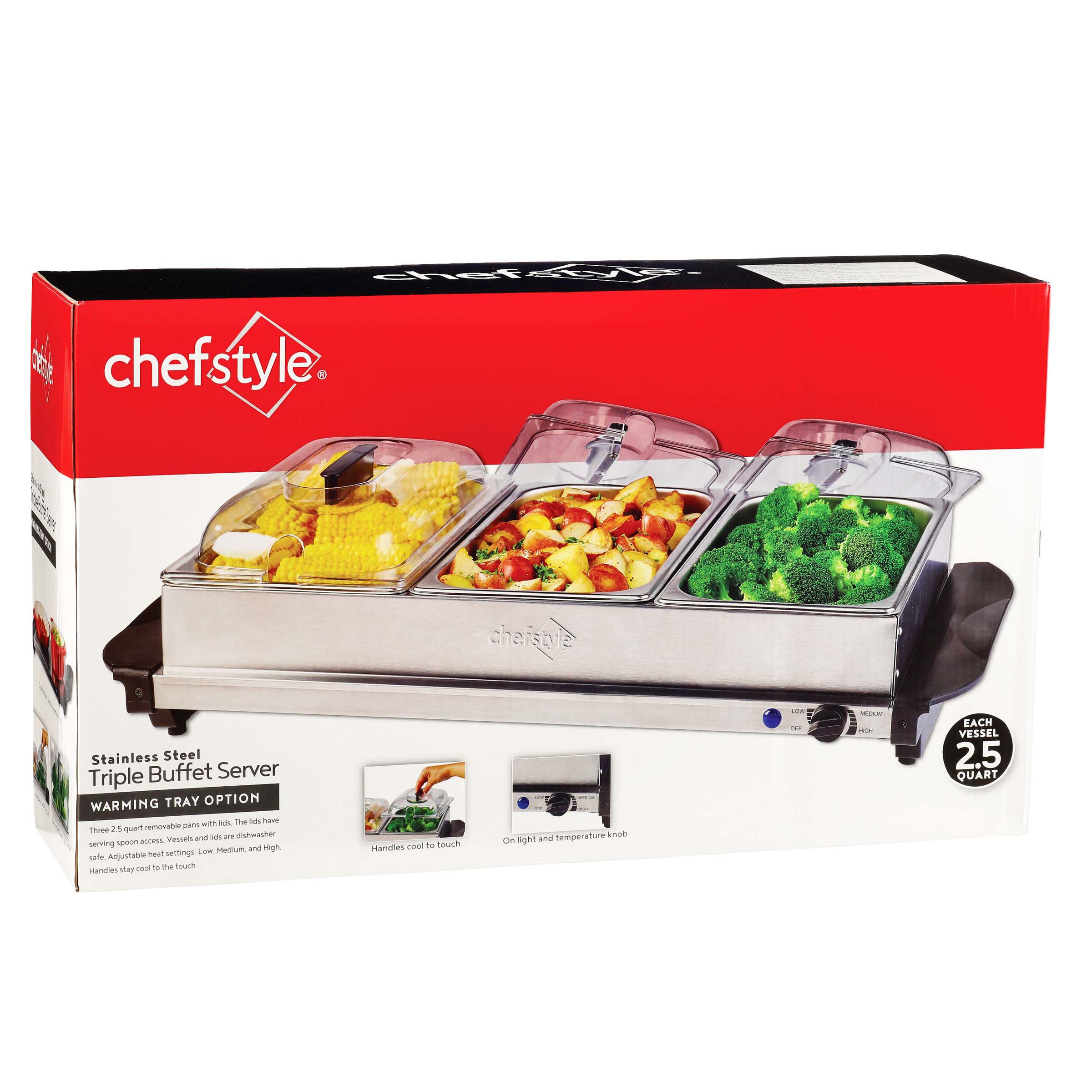 chefstyle Stainless Steel Triple Buffet Server with Warming Tray