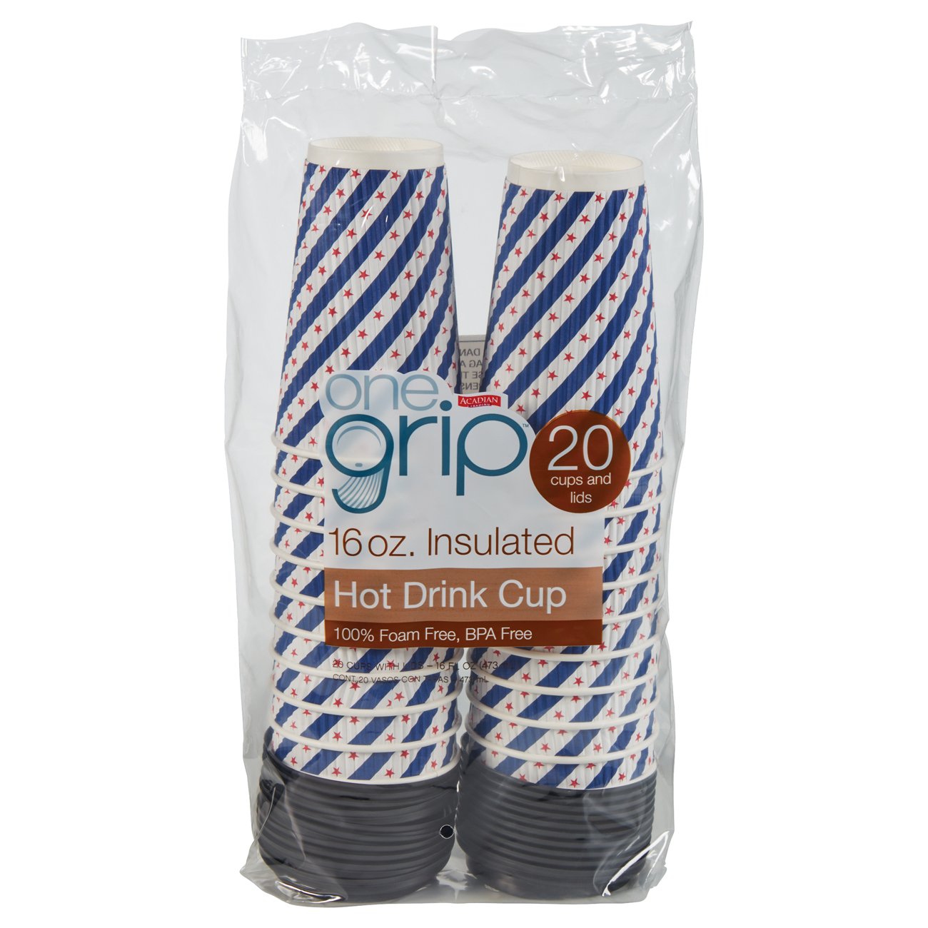 Acadian Trading One Grip Insulated Hot Drink Cups with Lids 16 oz